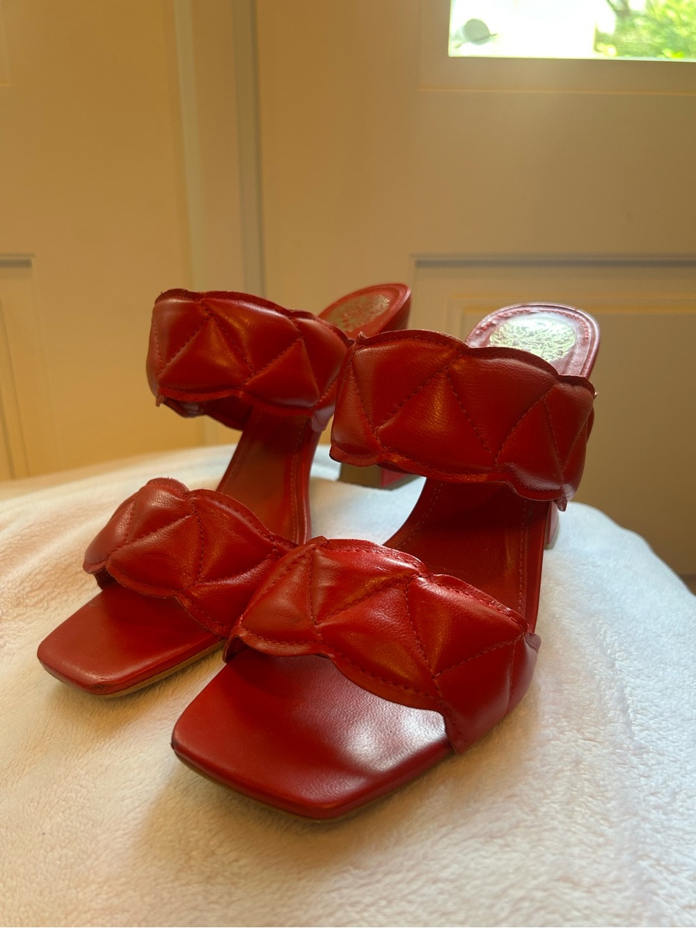 Vince Camuto Red Quilted Double-Band Mid Heel Sandals - Women